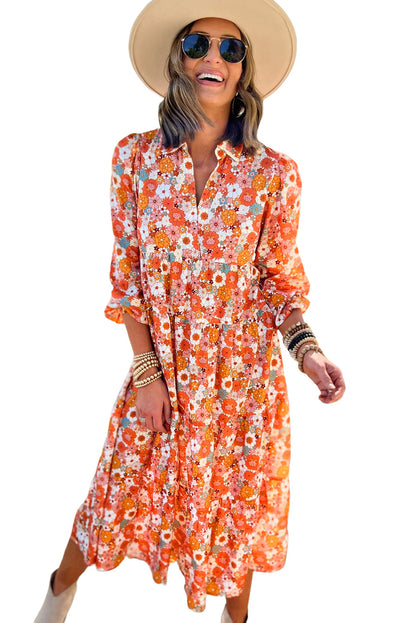 Multicolor Boho Floral Collared Long Sleeve Dress - Cowaa