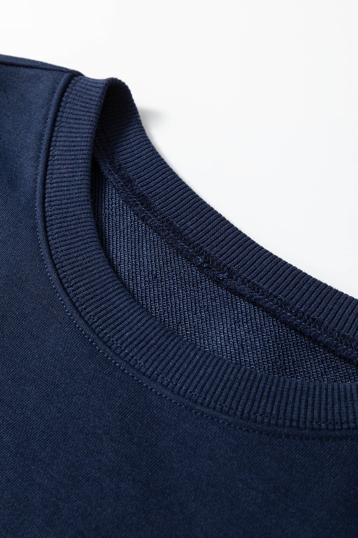 Navy Blue Varsity Striped Sleeve Drop Shoulder Sweatshirt and Short Set - Cowaa