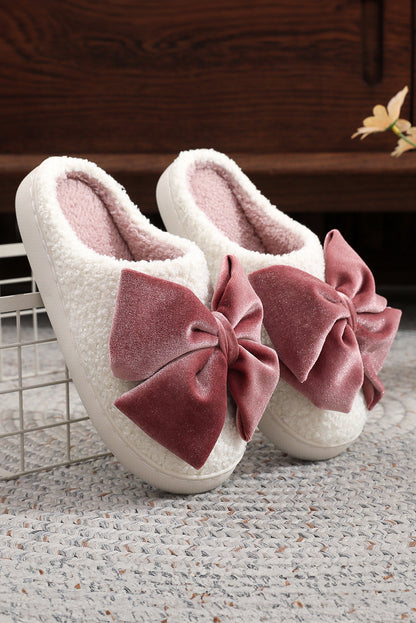 White Cute Bow Fuzzy Home Slippers