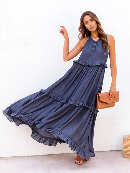 Ruffled Sleeveless Tiered Maxi Dress with Pockets - Cowaa