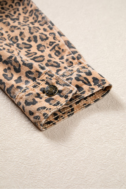 Khaki Leopard Print Collar Long Sleeve Patch Pocket Shift Denim Jacket