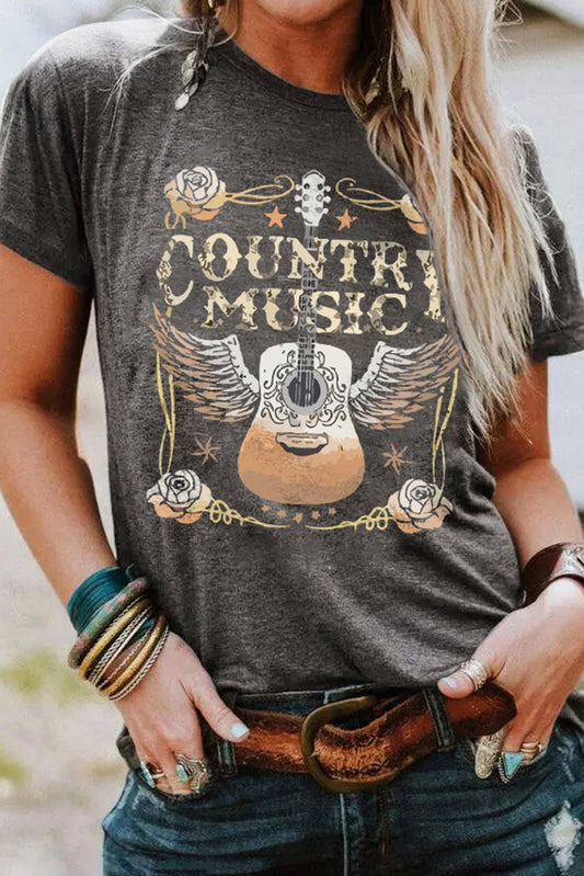 Gray COUNTRY MUSIC Guitar Graphic Print Crew Neck T Shirt - Cowaa