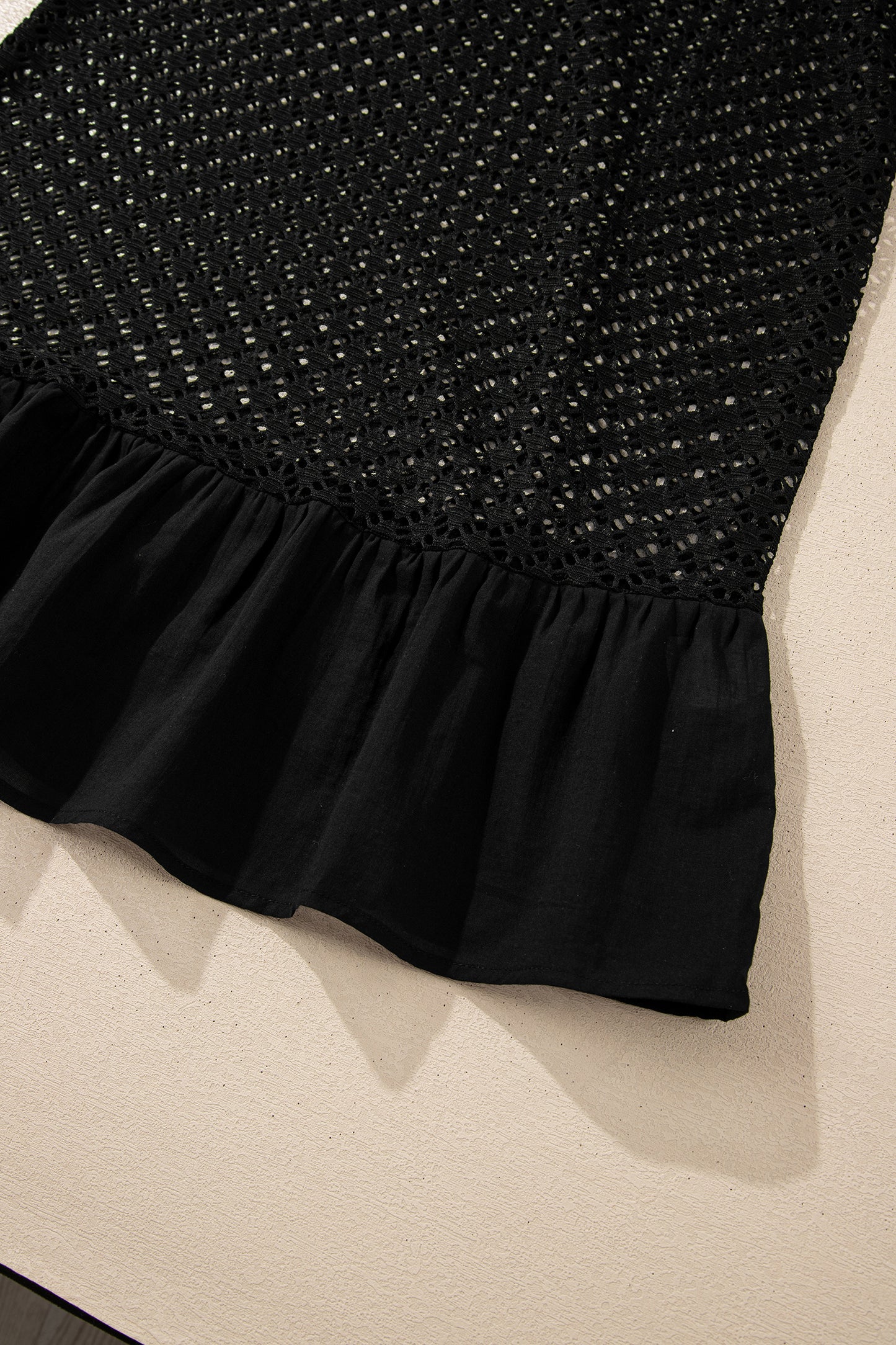 Black See Through Patterned Knit Ruffle Hem Patchwork Beach Cover Up - Cowaa