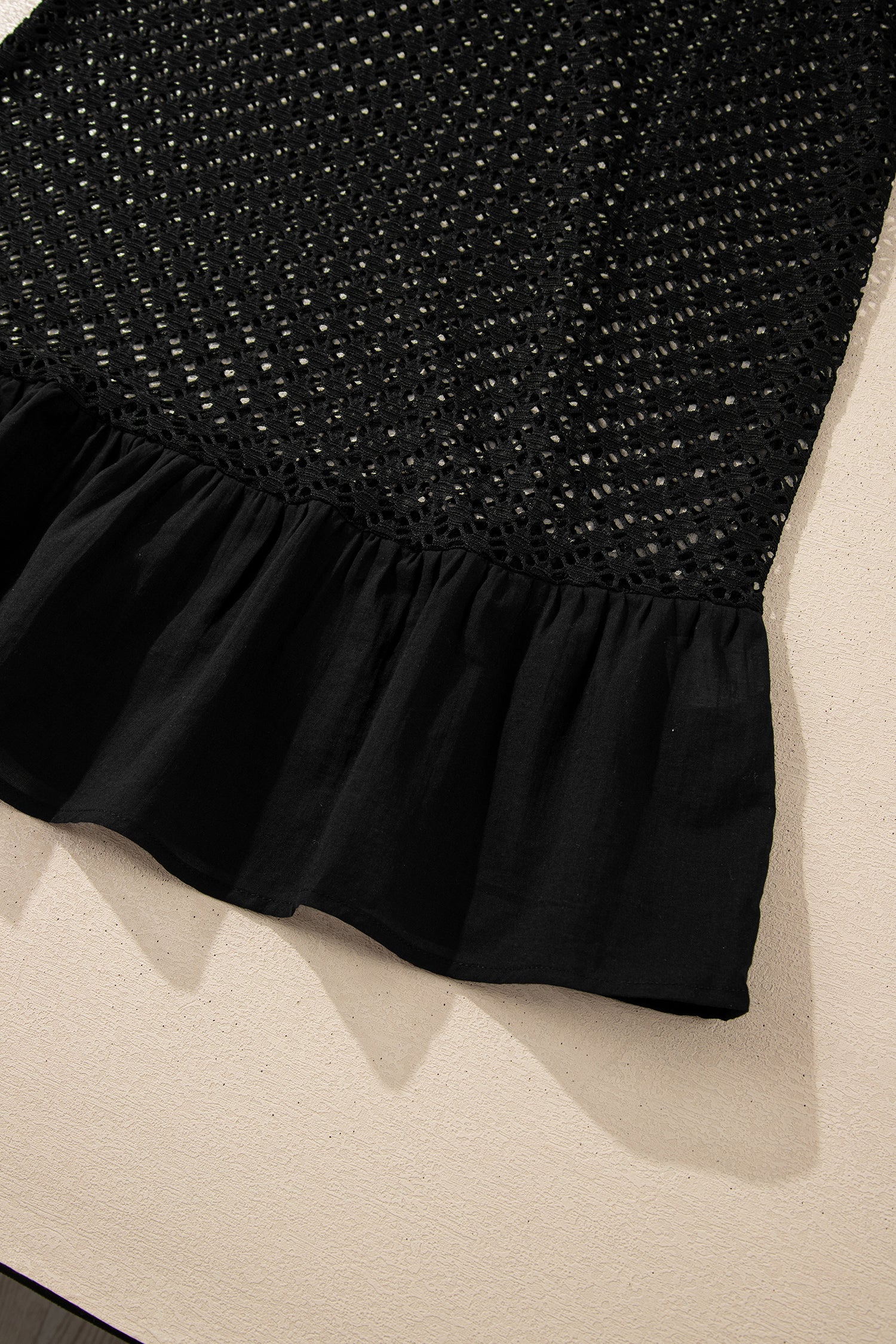 Black See Through Patterned Knit Ruffle Hem Patchwork Beach Cover Up - Cowaa