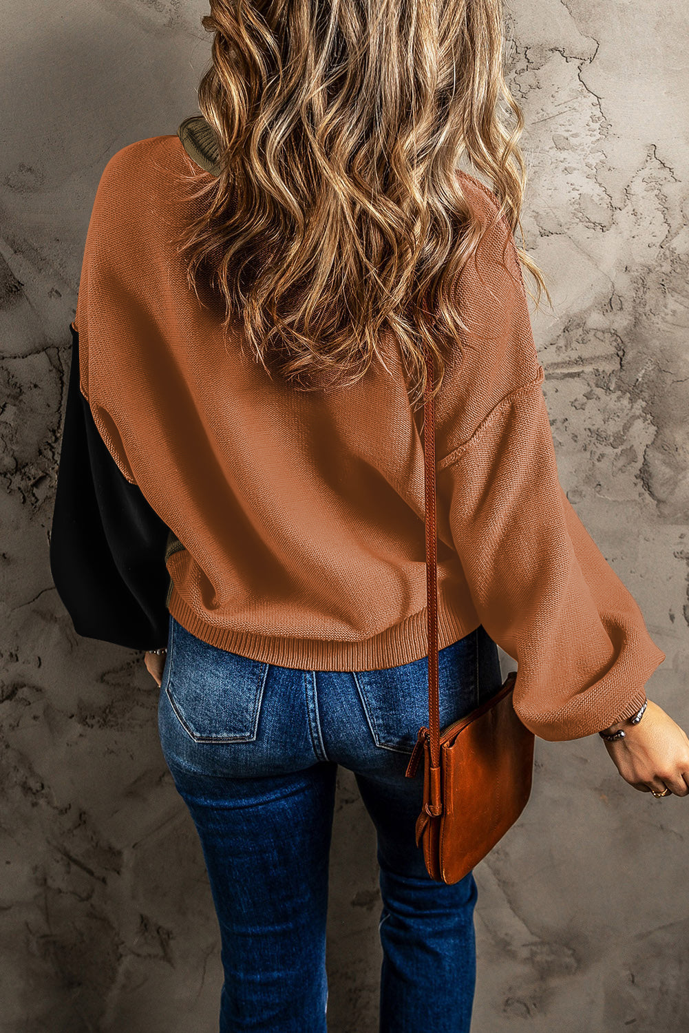 Bishop Sleeve Exposed Seam Ribbed Trim Sweater - Cowaa