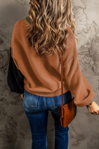 Bishop Sleeve Exposed Seam Ribbed Trim Sweater - Cowaa