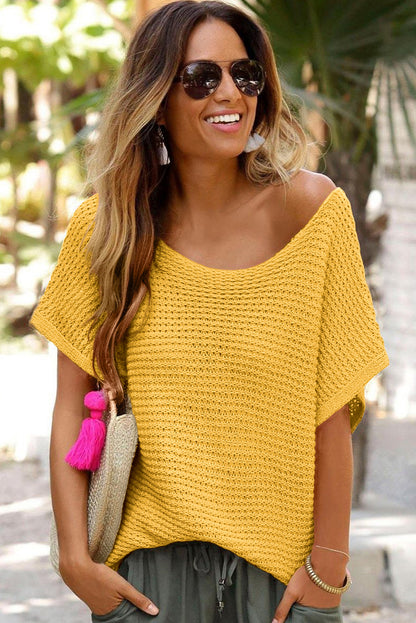 Pink Plain Knit Loose Batwing Sleeve Blouse - Cowaa