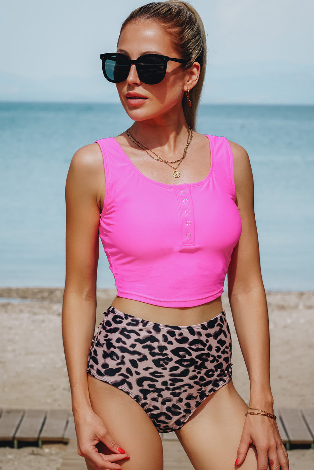 Cheetah Square Neck Sleeveless Leopard Print Tankini Set - Cowaa
