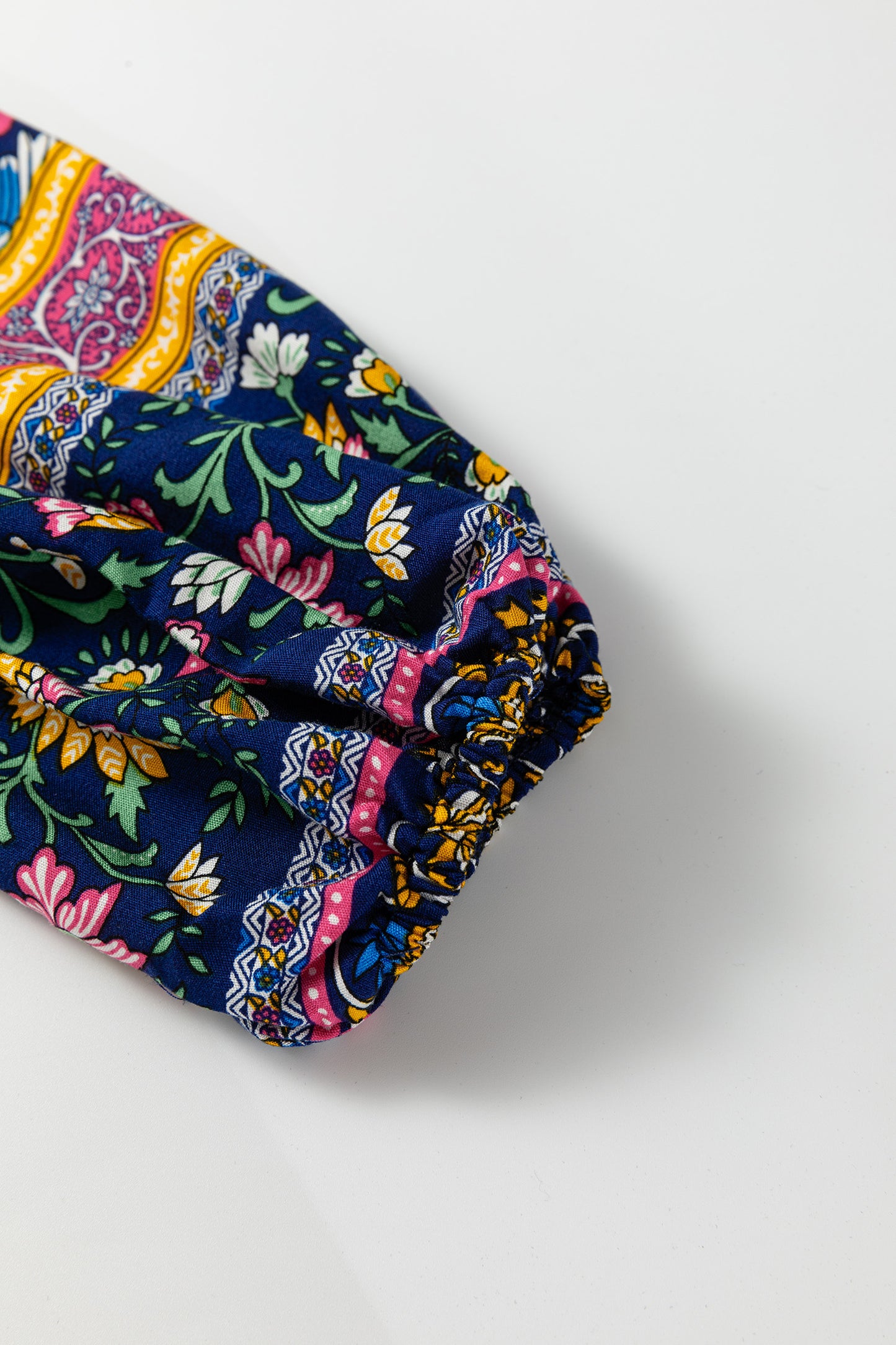 Blue Bohemian Floral Print Tassel Tie Front Long Sleeve Blouse - Cowaa