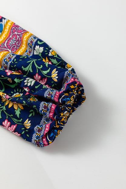 Blue Bohemian Floral Print Tassel Tie Front Long Sleeve Blouse - Cowaa