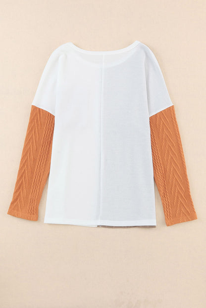 Long Sleeve Colorblock Chest Pocket Textured Knit Top - Cowaa