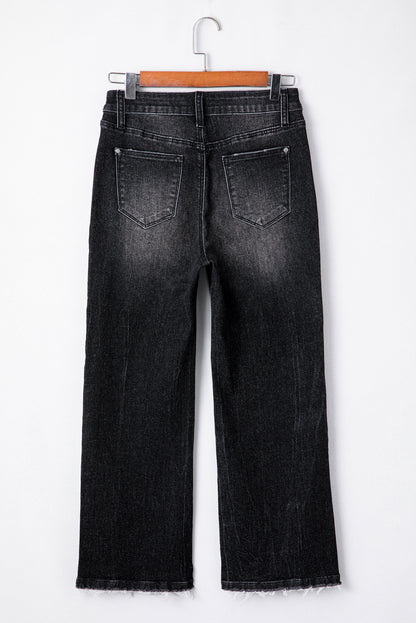 Sail Blue Mineral Wash Raw Hem High Waist Flared Jeans - Cowaa
