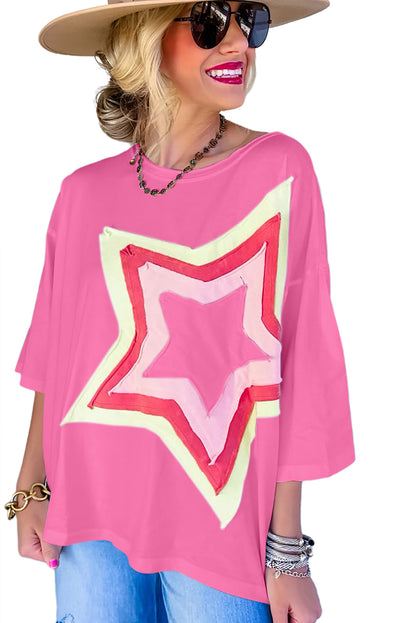 White Colorblock Star Patched Half Sleeve Oversized Tee - Cowaa