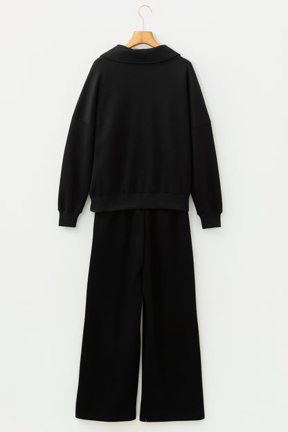 Bristol Black Collared V Neck Pullover Sweatshirt Sweatpants Set - Cowaa