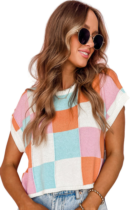 Fiery Red Checkered Color Block Cap Sleeve Knitted Top - Cowaa