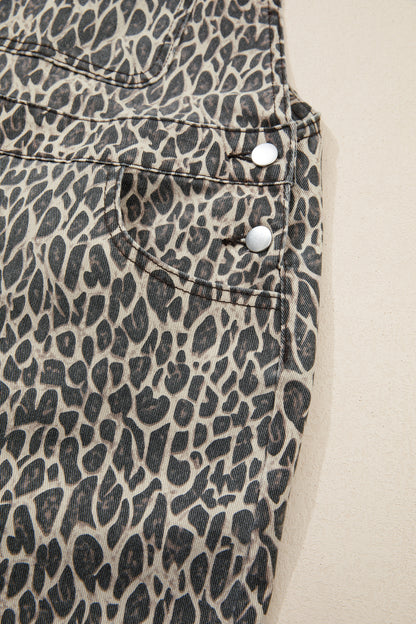 Brown Leopard Print Straight Leg Loose Denim Overall Jumpsuit