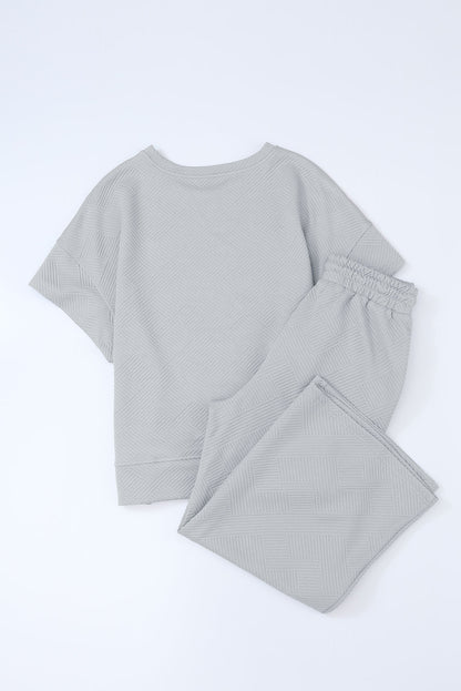 Navy Blue Textured Loose Fit T Shirt and Drawstring Pants Set - Cowaa