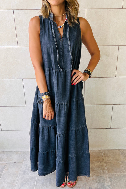 Real Teal Sleeveless Tiered Chambray Maxi Dress - Cowaa
