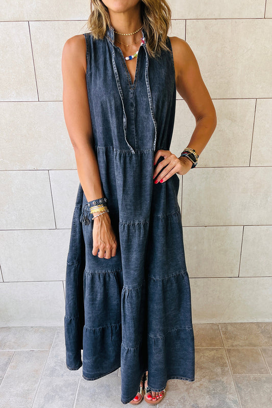 Real Teal Sleeveless Tiered Chambray Maxi Dress - Cowaa