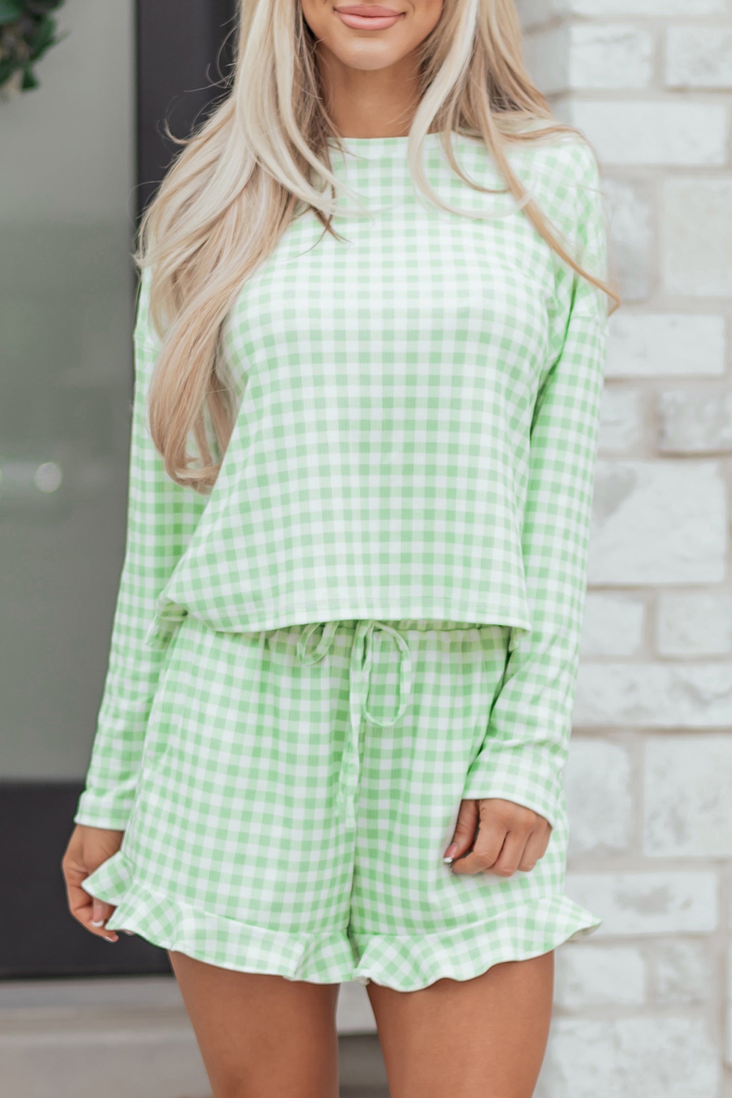 Green Gingham Long Sleeve Loose Top Drawstring Shorts 2pcs Lounge Set - Cowaa