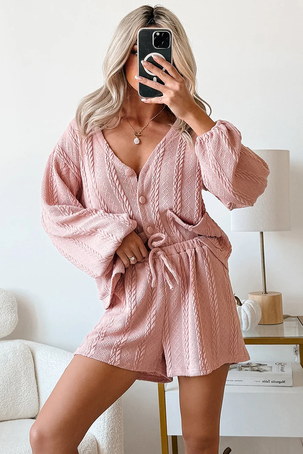 Gossamer Pink Cable Knit V Neck Cardigan Shorts Set - Cowaa
