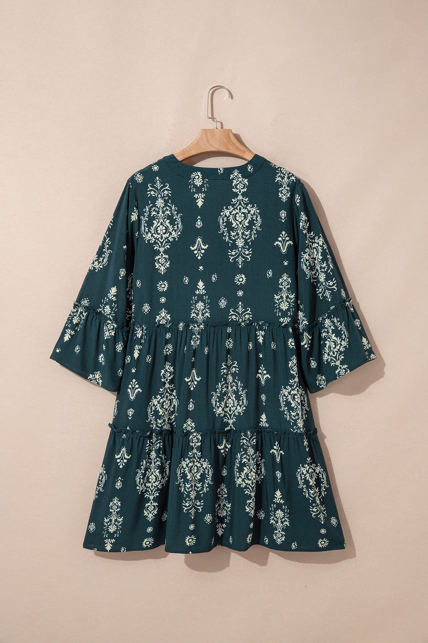 Blue Boho Floral Print Lettuce Trim 3/4 Sleeve Mini Dress - Cowaa