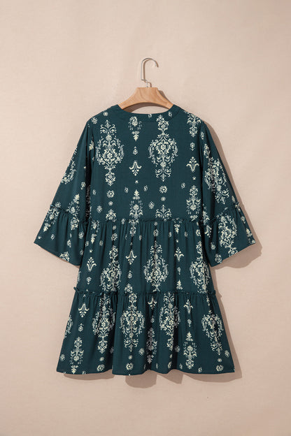 Blue Boho Floral Print Lettuce Trim 3/4 Sleeve Mini Dress - Cowaa