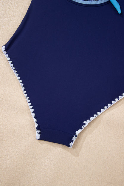 Beau Blue Ric Rac Trim Contrasted Patchwork Cutout One Piece Swimsuit - Cowaa