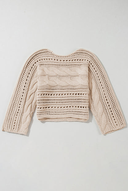 Beige Hollow-out Cable Knit Cropped Sweater