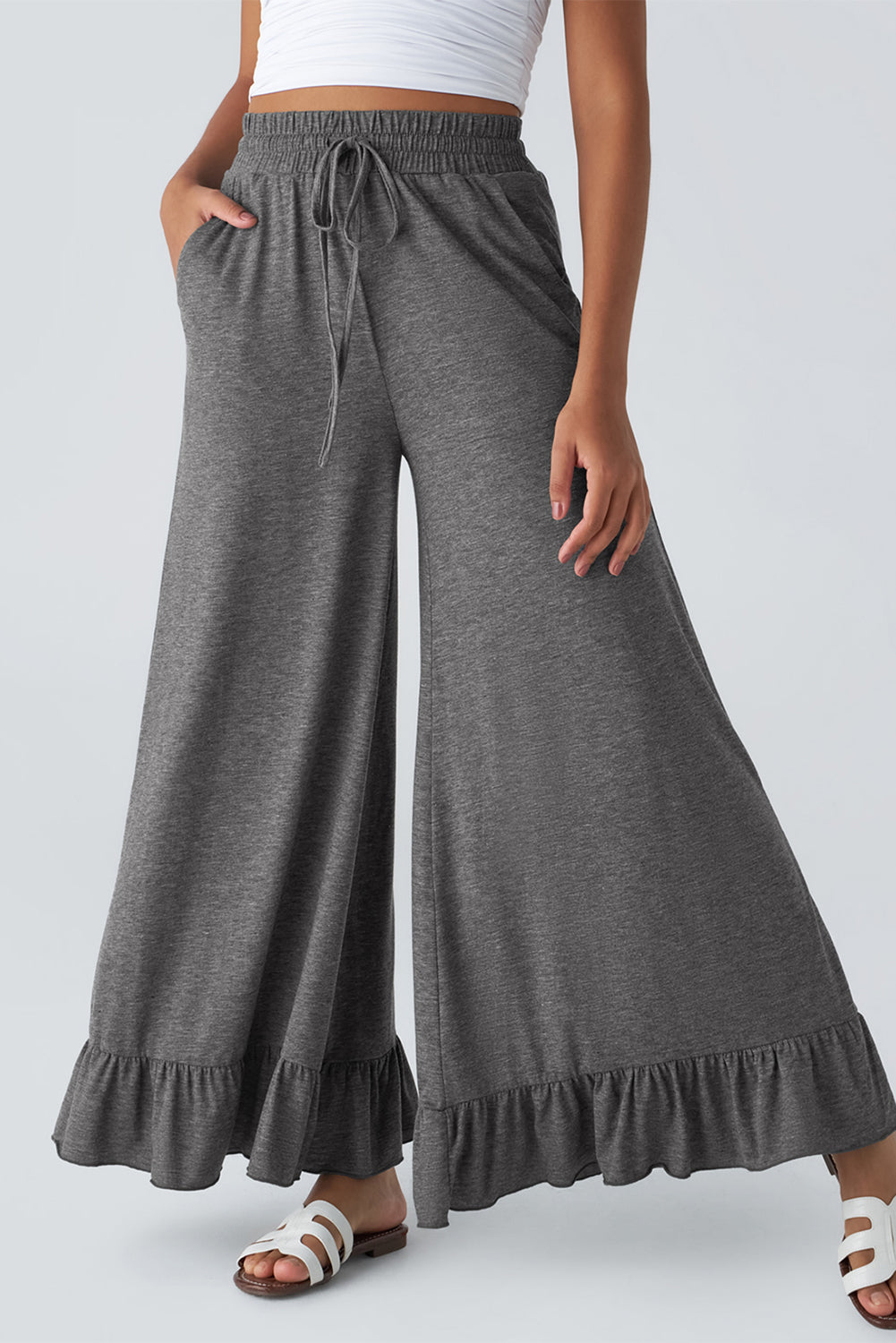 Dune Solid Color Ruffle Hem Wide Leg Pants - Cowaa