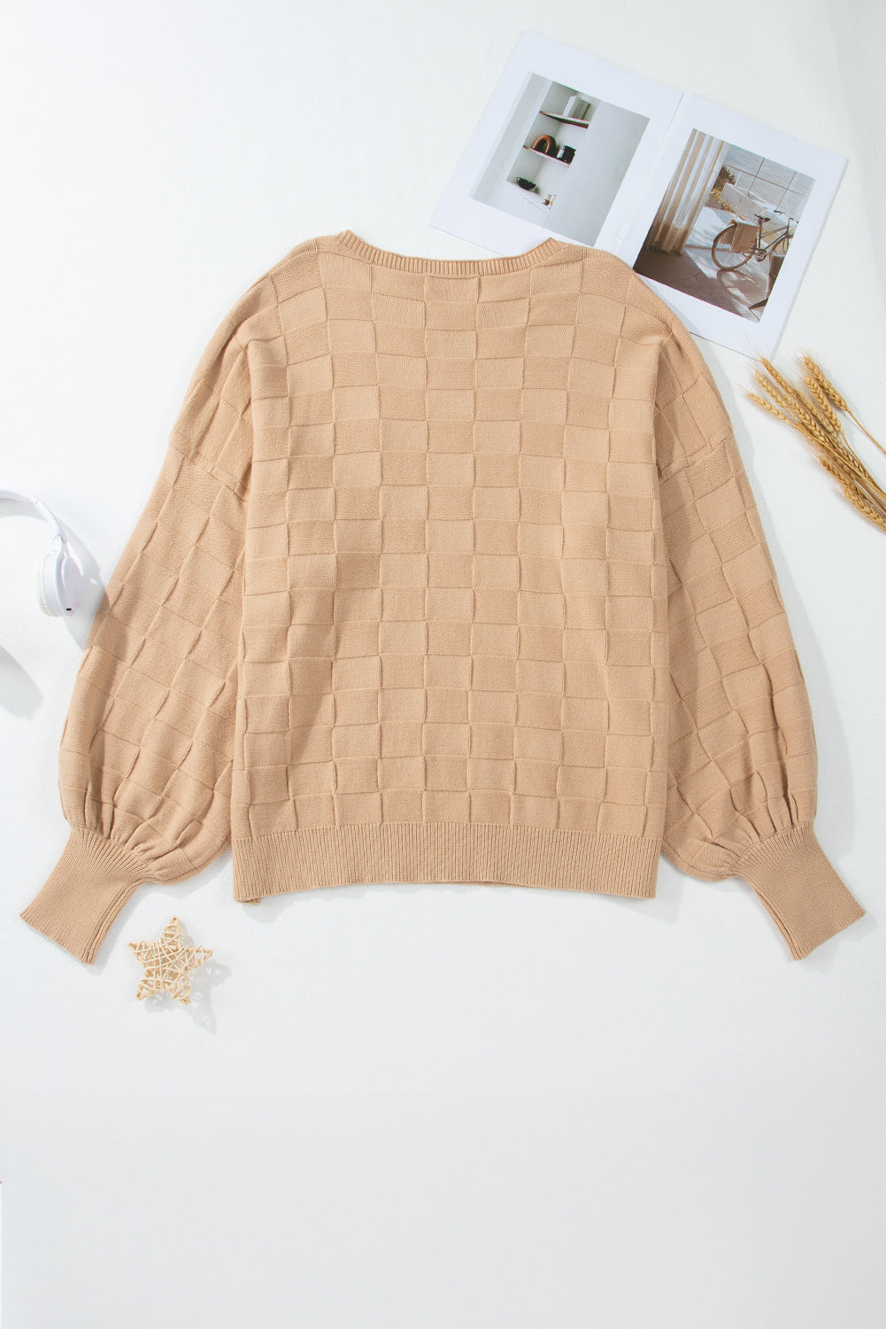 Light French Beige Solid Checkered Textured Knit Plus Size Sweater - Cowaa