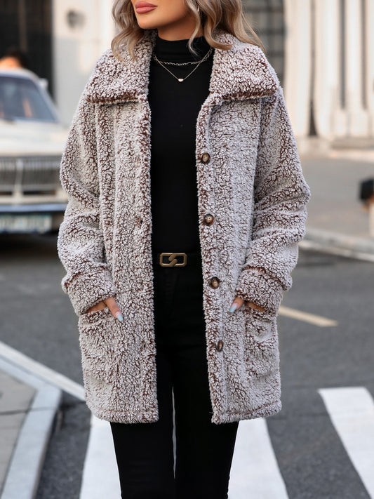 Pocketed Collared Neck Long Sleeve Plush Jacket - Cowaa