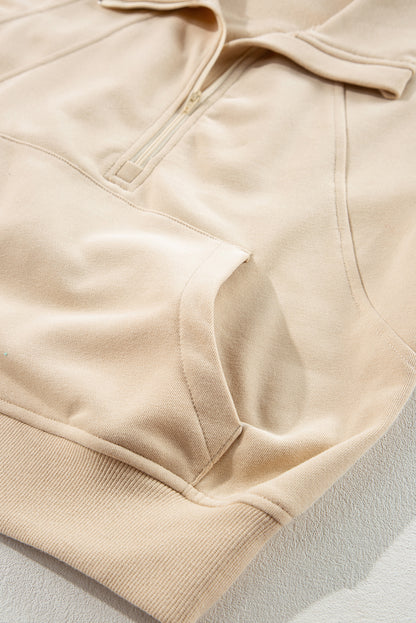 Brown Zip Up Stand Collar Thumbhole Sleeve Sweatshirt - Cowaa