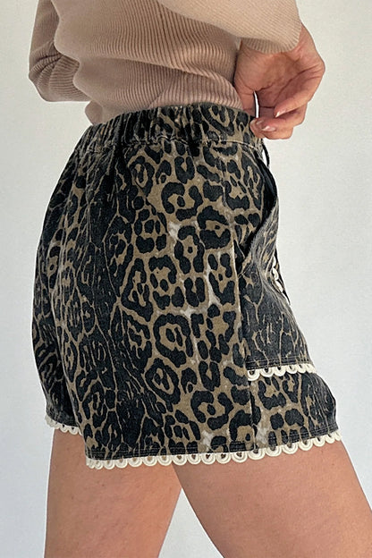 Khaki Contrast Scalloped Lace Trim Leopard Denim Shorts.