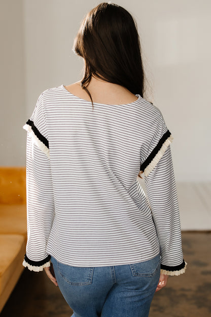 White Stripe Contrasted Ruffle Trim Loose Long Sleeve Top - Cowaa