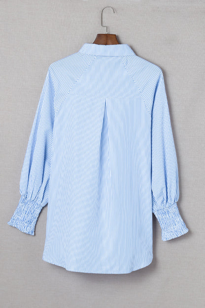 Black Striped Casual Shirred Cuffs Shirt - Cowaa