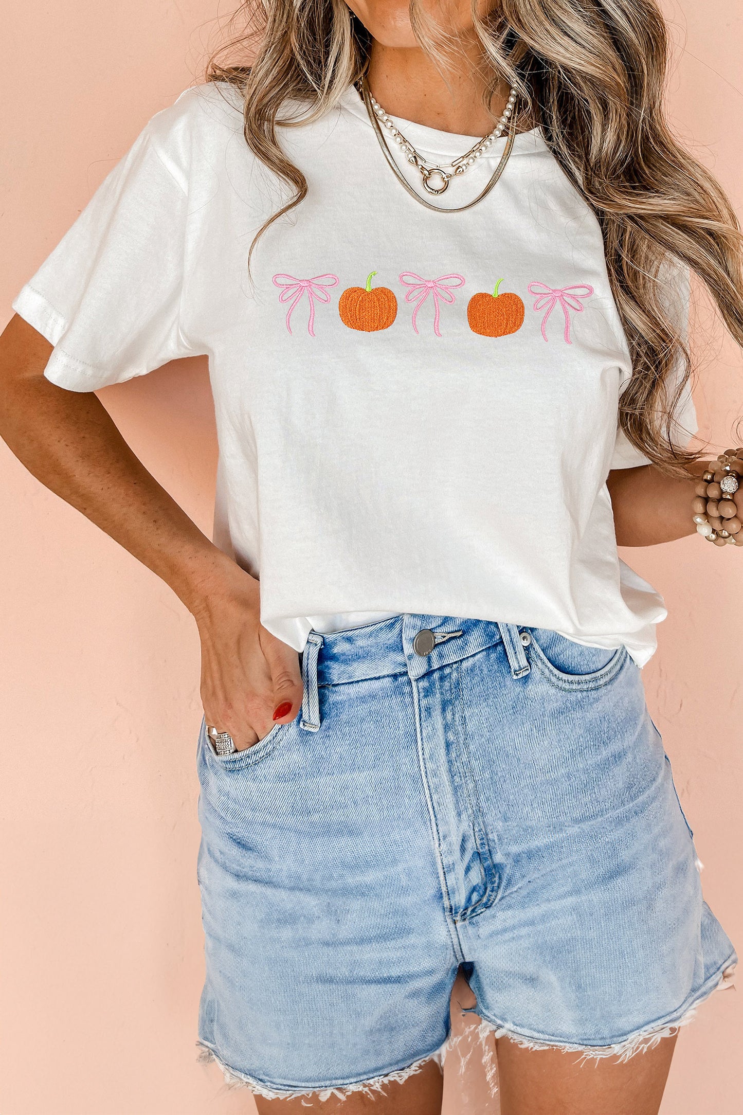White Embroidered Pumpkin Bow Round Neck Short Sleeve T-Shirt