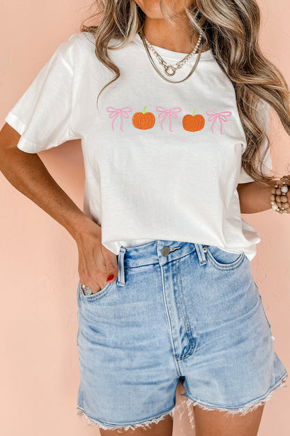 White Embroidered Pumpkin Bow Round Neck Short Sleeve T-Shirt