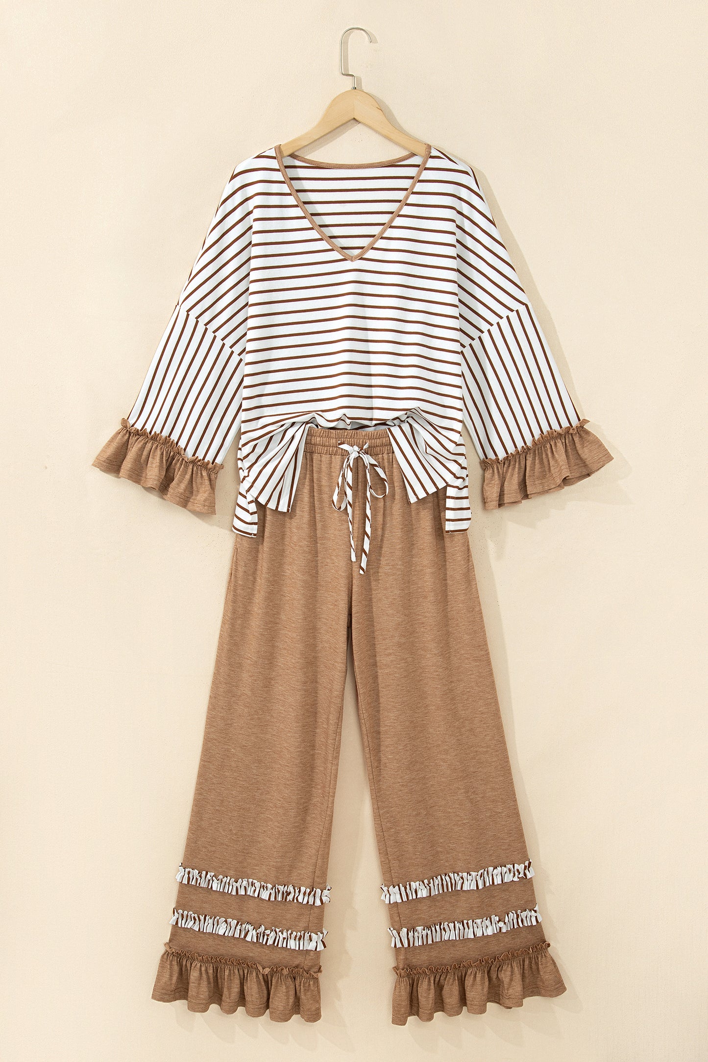 Blue Stripe V Neck Ruffle Contrast Sleeve Top Drawstring Pants 2pcs Set