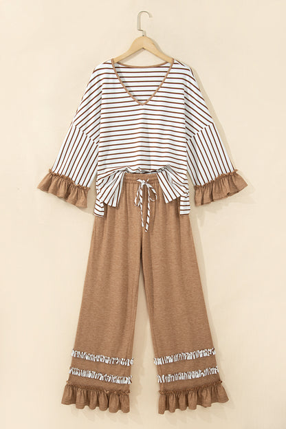 Blue Stripe V Neck Ruffle Contrast Sleeve Top Drawstring Pants 2pcs Set