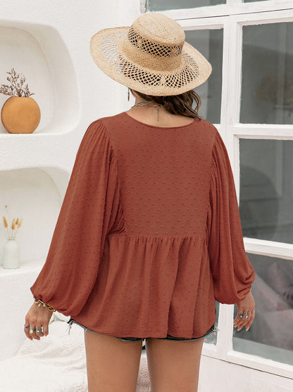 Plus Size Swiss Dot Tie Neck Long Sleeve Blouse - Cowaa