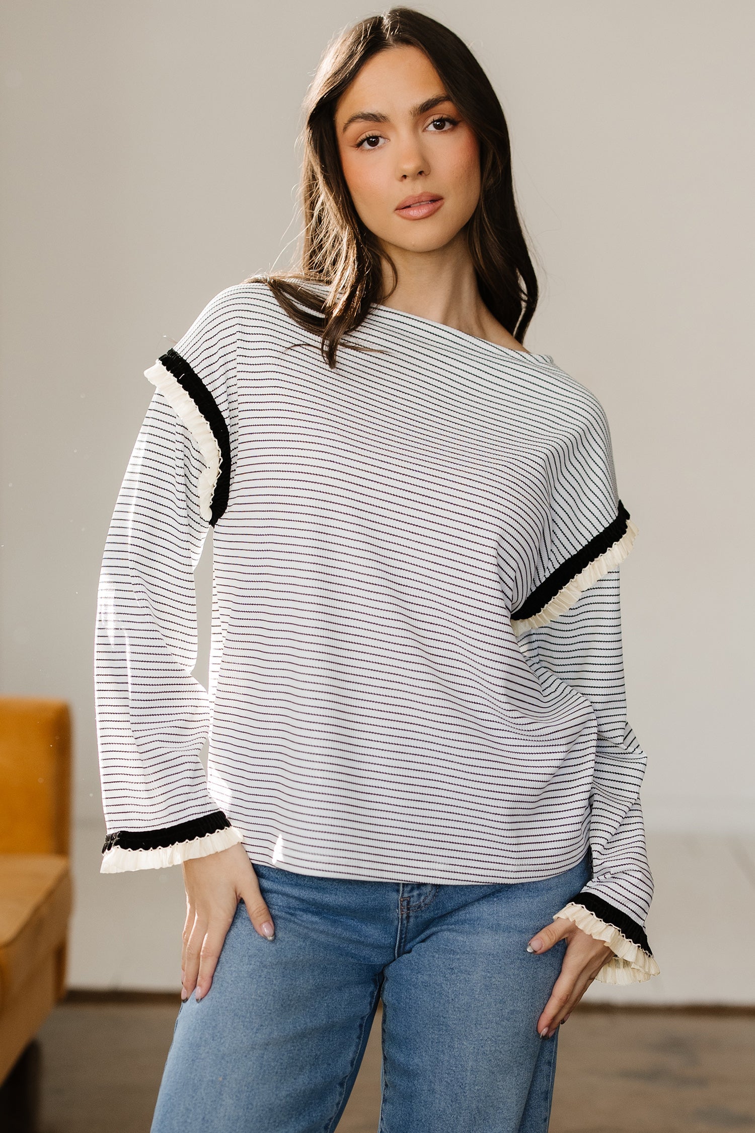 White Stripe Contrasted Ruffle Trim Loose Long Sleeve Top - Cowaa