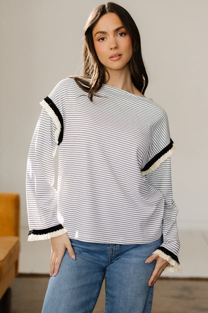 White Stripe Contrasted Ruffle Trim Loose Long Sleeve Top - Cowaa