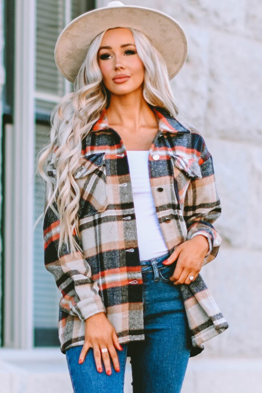 Plaid Button Front Pocket Shirt Shacket - Cowaa