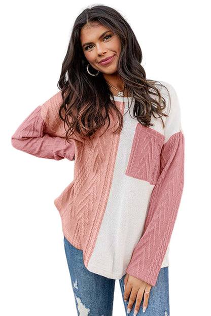 Long Sleeve Colorblock Chest Pocket Textured Knit Top - Cowaa