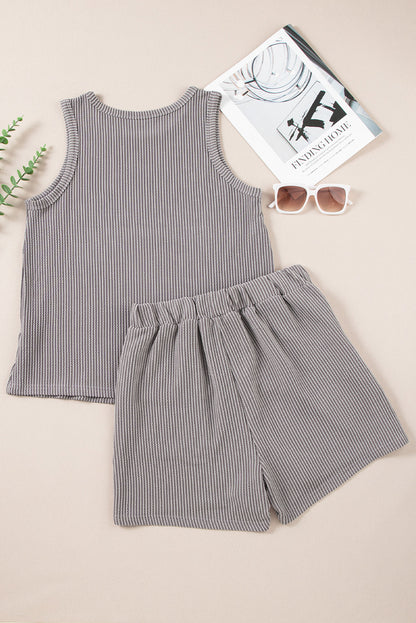 Medium Grey Corded Sleeveless Top and Pocketed Shorts Set - Cowaa