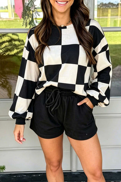 Black Checkerboard Plaid Long Sleeve Solid Color Shorts 2pcs Set