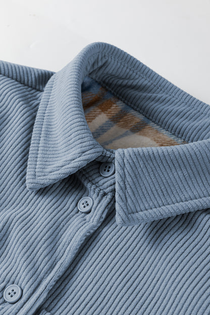 Stone Blue Plaid Corduroy Reversible Button Up Shacket