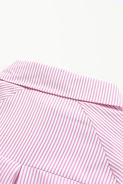 Black Striped Casual Shirred Cuffs Shirt - Cowaa