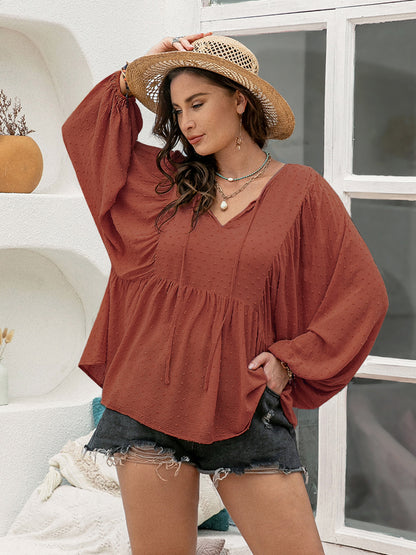 Plus Size Swiss Dot Tie Neck Long Sleeve Blouse - Cowaa